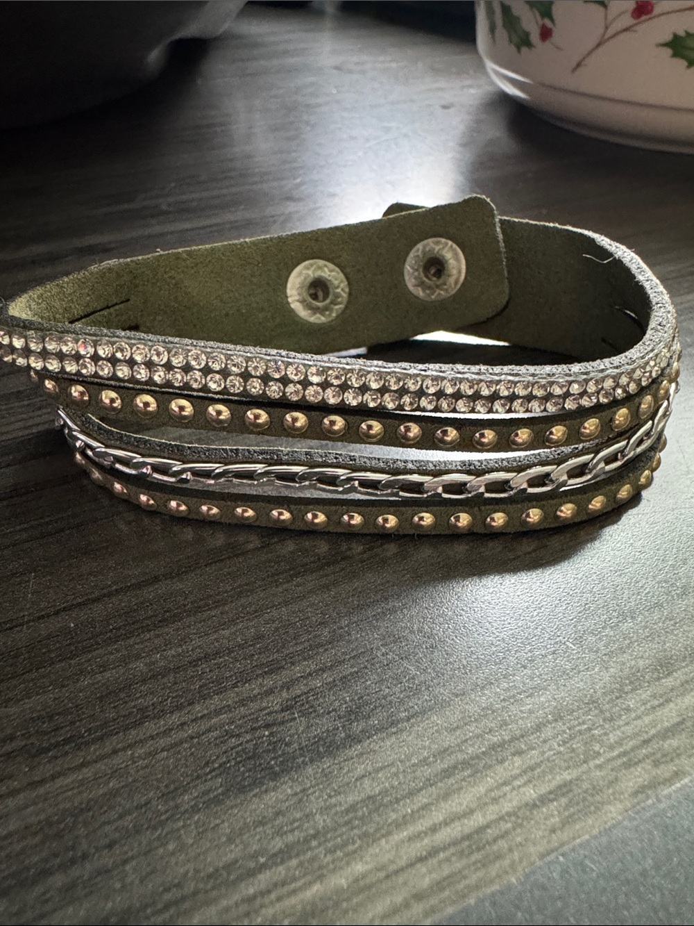 Olive Multi-Row Stud & Rhinestone Wrap Bracelet